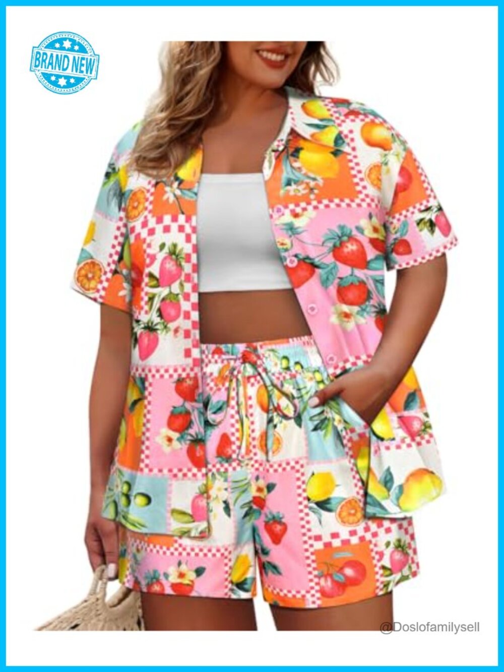 Women's Plus Size 2 Piece Short Set Button Sleeve Beach Vacation Outfit